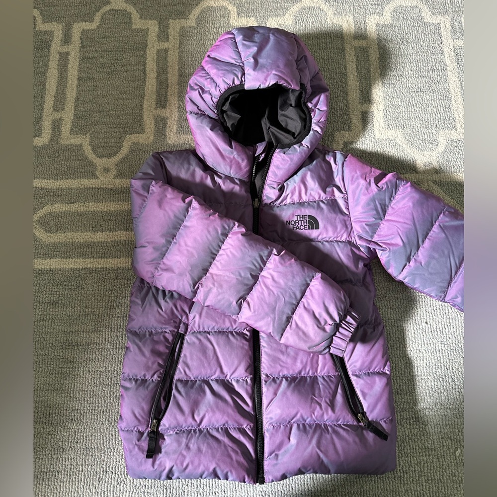 Girls North Face Purple Metallic Down Puffer Hooded Jacket - Picture 2 of 5